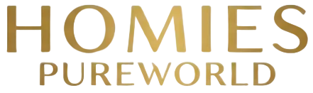 Gold 'HOMIES PUREWORLD' text on a white background